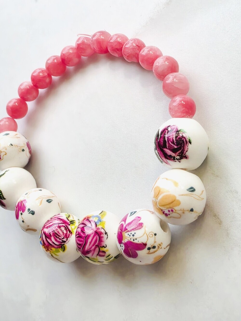 Floral Porcelain & Rose Quartz Beaded Bracelet Pink Shimmer Stretch Fits 7-7.5” - Picture 4 of 5